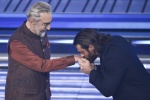 Indian actor Kabir Bedi (L) and Turkish actor Can Yaman (R) on stage at the Ariston theatre during the 76th edition of the Sanremo Italian Song Festival, in Sanremo, Italy, 24 February 2026. The music festival will run from 24 to 28 February 2026. ANSA/ET