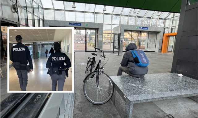 La stazione di Caronno Pertusella e nel riquadro gli agenti di polizia  (foto archivio)