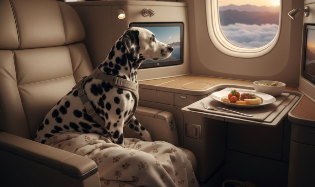 Cani e altri animali domestici nelle cabine degli aerei? L’Enac detta le regole: ora sta alle compagnie aeree decidere se dare effetto alle nuove normative (immagine generata con AI)