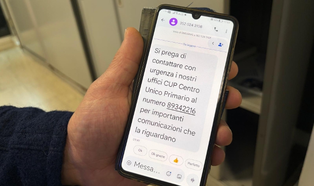 Il messaggio truffa con l’invito a contattare con urgenza  un fantomatico ufficio Cup