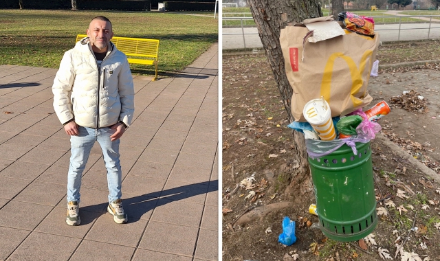 Luca Guarino interviene sugli schiamazzi notturni. A destra, un cestino stracolmo 