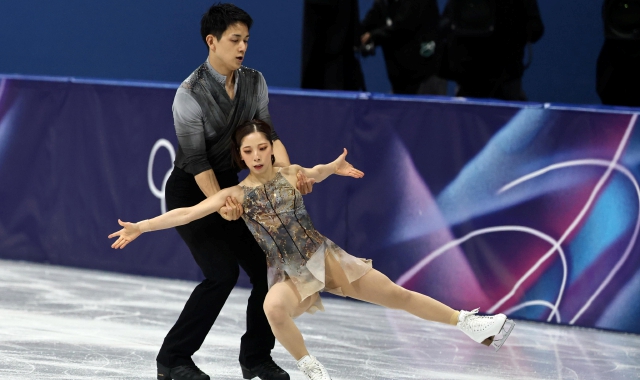 Un momento dell’esercizio di Miura e Kihara (Neil Hall/EPA)