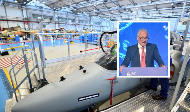 L’interno dello stabilimento di Leonardo e nel riquadro il presidente Galdabini