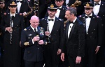 Sanremo Festival host and artistic director Amadeus, with National Air Force General Goretti and National Air Force band members on stage at the Ariston theatre during the 73rd Sanremo Italian Song Festival, in Sanremo, Italy, 11 February 2023. The music 