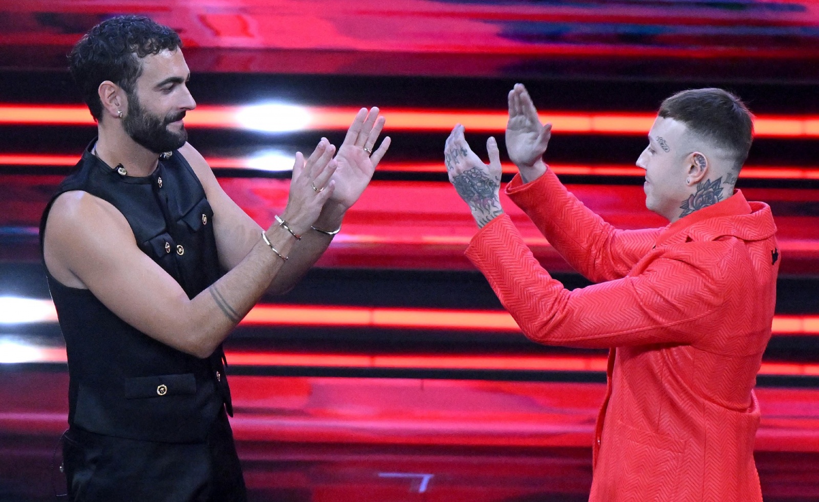 (L-R) Italian singers Marco Mengoni and Lazza on stage at the Ariston theatre during the 73rd Sanremo Italian Song Festival, in Sanremo, Italy, 11 February 2023. The music festival will run from 07 to 11 February 2023. ANSA/ETTORE FERRARI