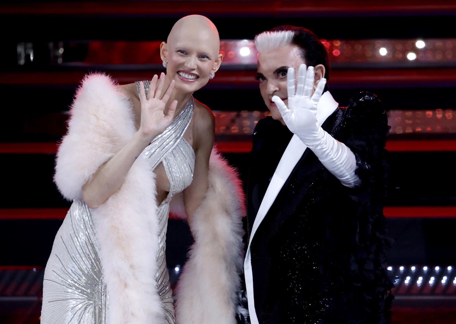 Tv personality Cristiano Malgioglio and Italian model Bianca Balti on stage at the Ariston theatre during the 75th edition of the Sanremo Italian Song Festival, in Sanremo, Italy, 12 February 2025. The music festival will run from 11 to 15 February 2025. 