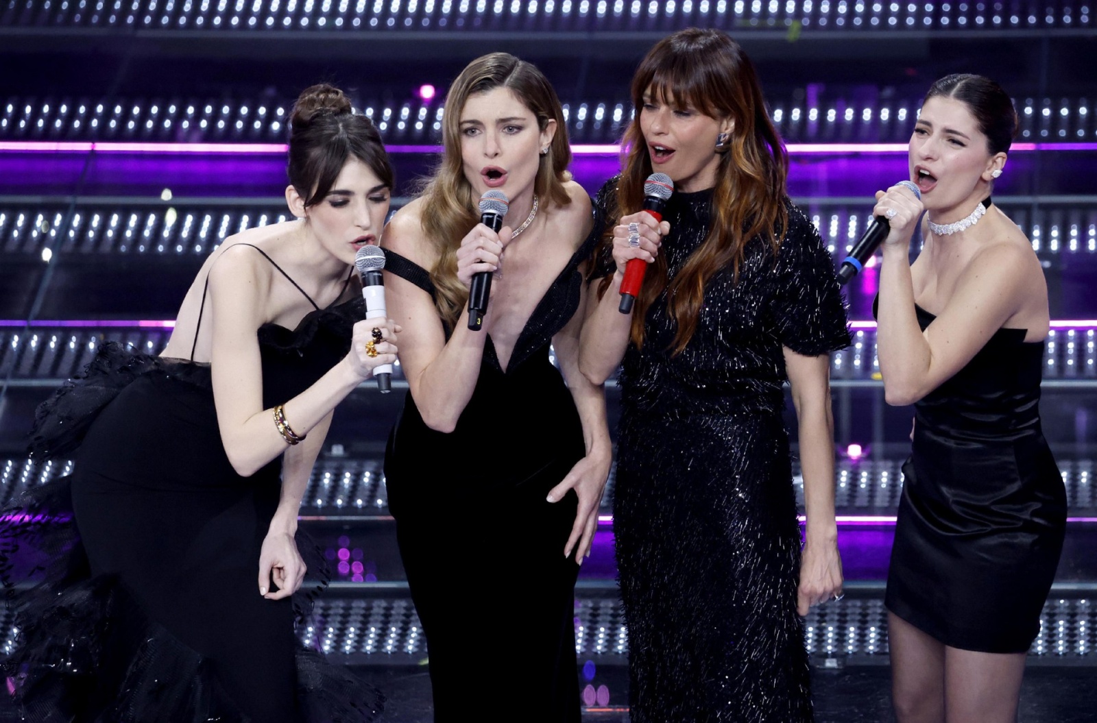 (L-R) Italian actors Pilar Fogliati, Emanuela Fanelli, Vittoria Puccini, Claudia Pandolfi and Maria Chiara Giannetta on stage at the Ariston theatre during the 75th edition of the Sanremo Italian Song Festival, in Sanremo, Italy, 12 February 2025. The mus