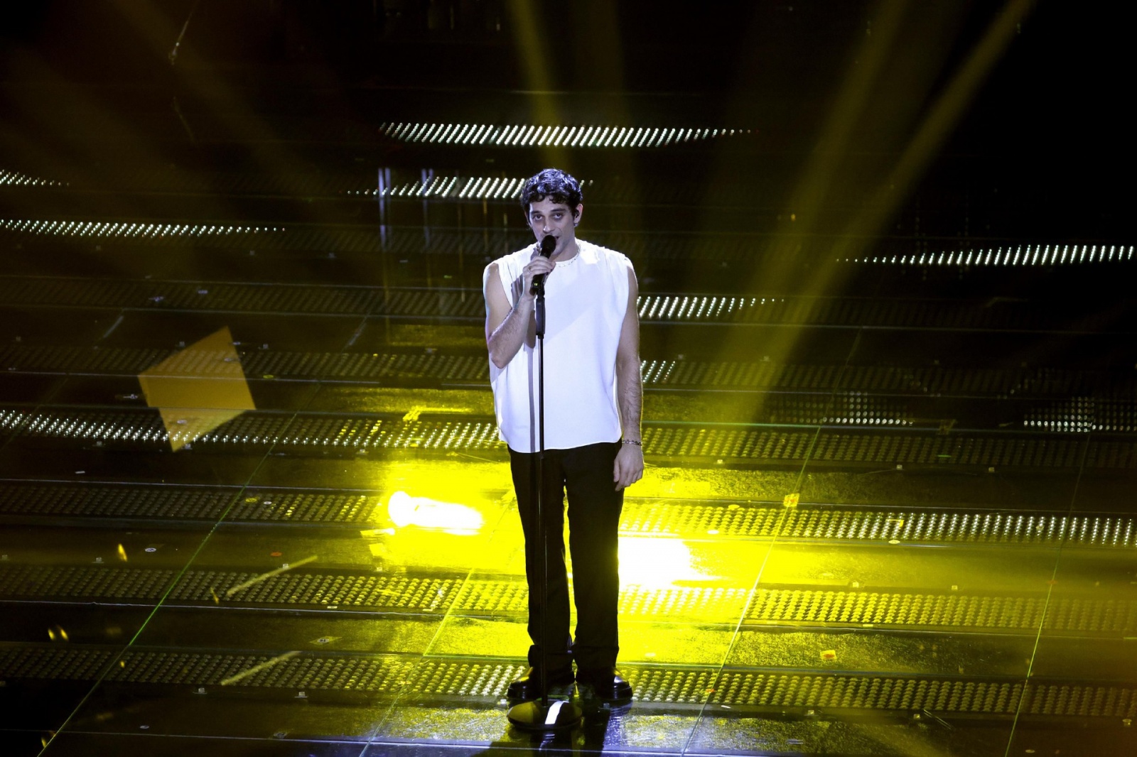 Italian singer Bresh performs on stage at the Ariston theatre during the 75th edition of the Sanremo Italian Song Festival, in Sanremo, Italy, 12 February 2025. The music festival will run from 11 to 15 February 2025. ANSA/FABIO FRUSTACI