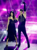 Italian singers Achille Lauro (R) and Elodie perform on stage at the Ariston theatre during the 75th edition of the Sanremo Italian Song Festival, in Sanremo, Italy, 14 February 2025. The music festival will run from 11 to 15 February 2025. ANSA/FABIO FRU