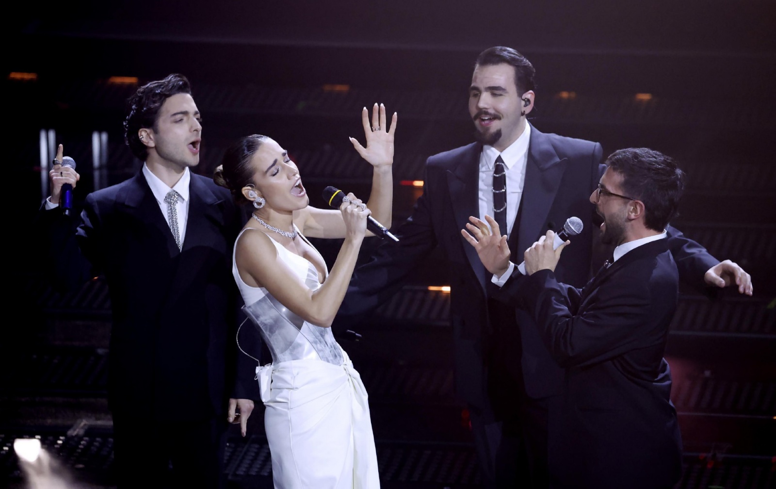 Italian singer Clara with Italian operatic pop tenors Il Volo perform on stage at the Ariston theatre during the 75th edition of the Sanremo Italian Song Festival, in Sanremo, Italy, 14 February 2025. The music festival will run from 11 to 15 February 202