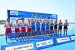VARESE. CANOTTAGGIO. COPPA DEL MONDO 2025. WORLD ROWING CUP. 3¡ GIORNATA. FINALI E PREMIAZIONI NELLA FOTO QUATTRO DI COPPIA MASCHILE COMPOSTO DA FIAMME GIALLE, MEDAGLIA DÕORO