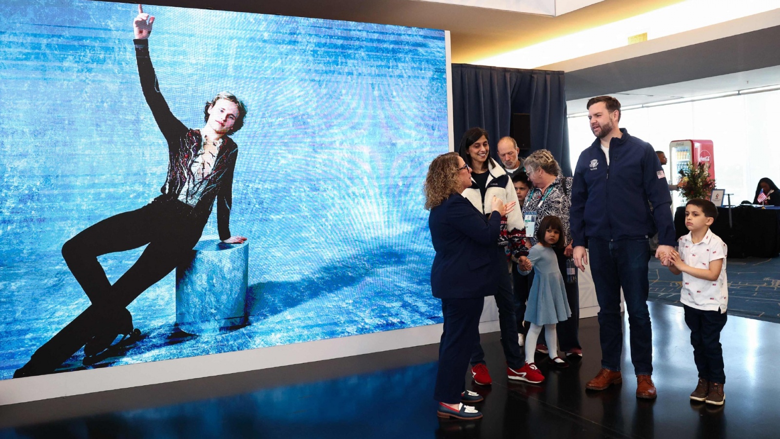US Vice President JD Vance (2nd R), Second Lady Usha Vance (2nd L), and their children Ewan, Vivek and Mirabel attend the Team USA Welcome Experience ahead of the Milano Cortina 2026 Winter Olympic Games in Milan on February 5, 2026. (Photo by Kevin Lamar