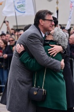Italian Minister of Economy Giancarlo Giorgetti with Umberto Bossi's wife, Manuela, attend the funeral of the Lega Nord party founder Umberto Bossi, in Pontida, Italy, 22 March 2026. The Lega Nord founder died on 19 March 2026, aged 84. ANSA/MICHELE MARAV
