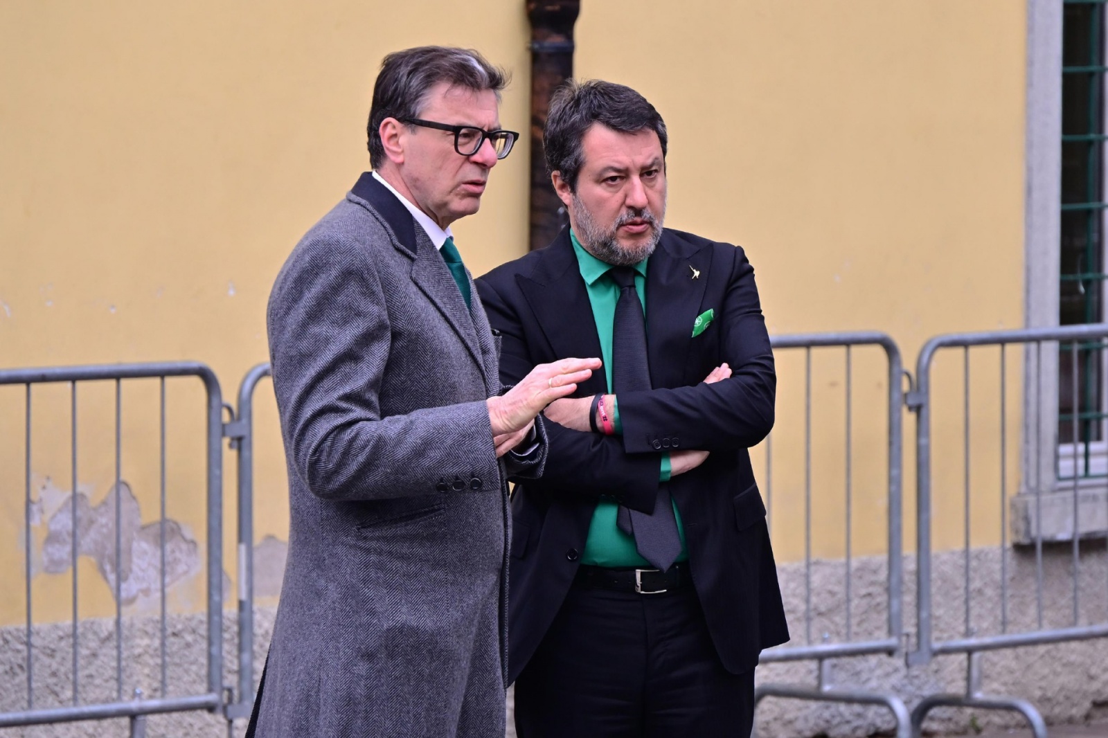 Italian minister of Economy, Giancarlo Giorgetti, and Italian Deputy Prime Minister and Minister of Transport Matteo Salvini attend the funeral of the Lega Nord party founder Umberto Bossi. Pontida, Italy, 22 March 2026. ANSA/MICHELE MARAVIGLIA (funerali)