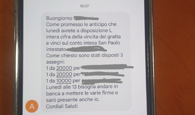 L’sms con cui il militare rassicurava la cognata sul pagamento di una maxivincita da 5 milioni, in realtà inesistente