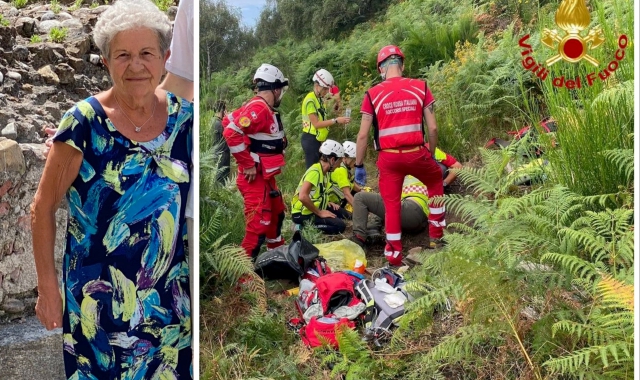 Il momento dei soccorsi alla donna ieri in Forcora, a destra un suo primo piano e altri momenti delle operazioni di ricerca persona attivata dalla sera di mercoledì 21, fino alla svolta 