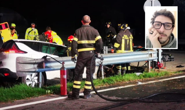 L’incidente è avvenuto tra Busano e Front, nel Canavese (foto Obiettivo News). Nel riquadro, Marco Ghiroldi