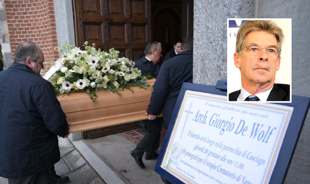I funerali di Giorgio De Wolf (nel riquadro) nella chiesa parrocchiale di Casciago (foto Stefano Benvegnù)