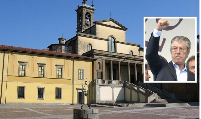 L’abbazia di San Giacomo Maggiore a Pontida dove oggi si svolgono  i funerali e nel riquadro  Umberto Bossi 