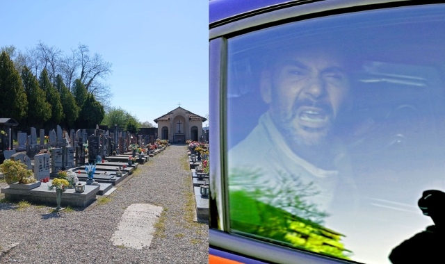 Elia Del Grande al suo arrivo mercoledì sera nel carcere di Varese e, a sinistra, il cimitero di Lentate, dove ha rapinato una donna