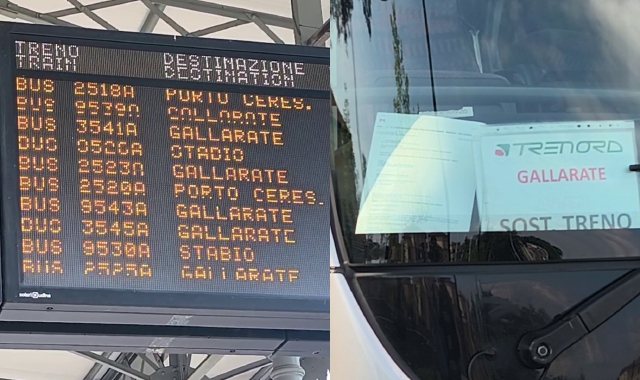 Il tabellone della stazione di Varese FS e uno dei bus sostitutivi in partenza per Gallarate